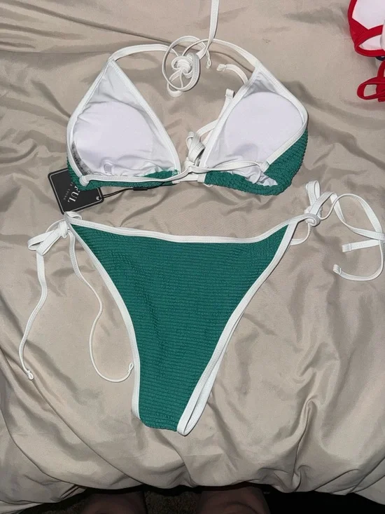 Zaful Green Bikini with White Trim - Tie Side - Women Swim Two-Piece - Size M - Picture 3 of 6